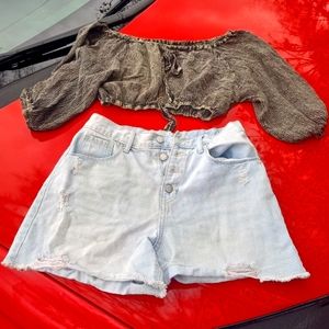 Dark Bronze crop top/high waisted denim shorts